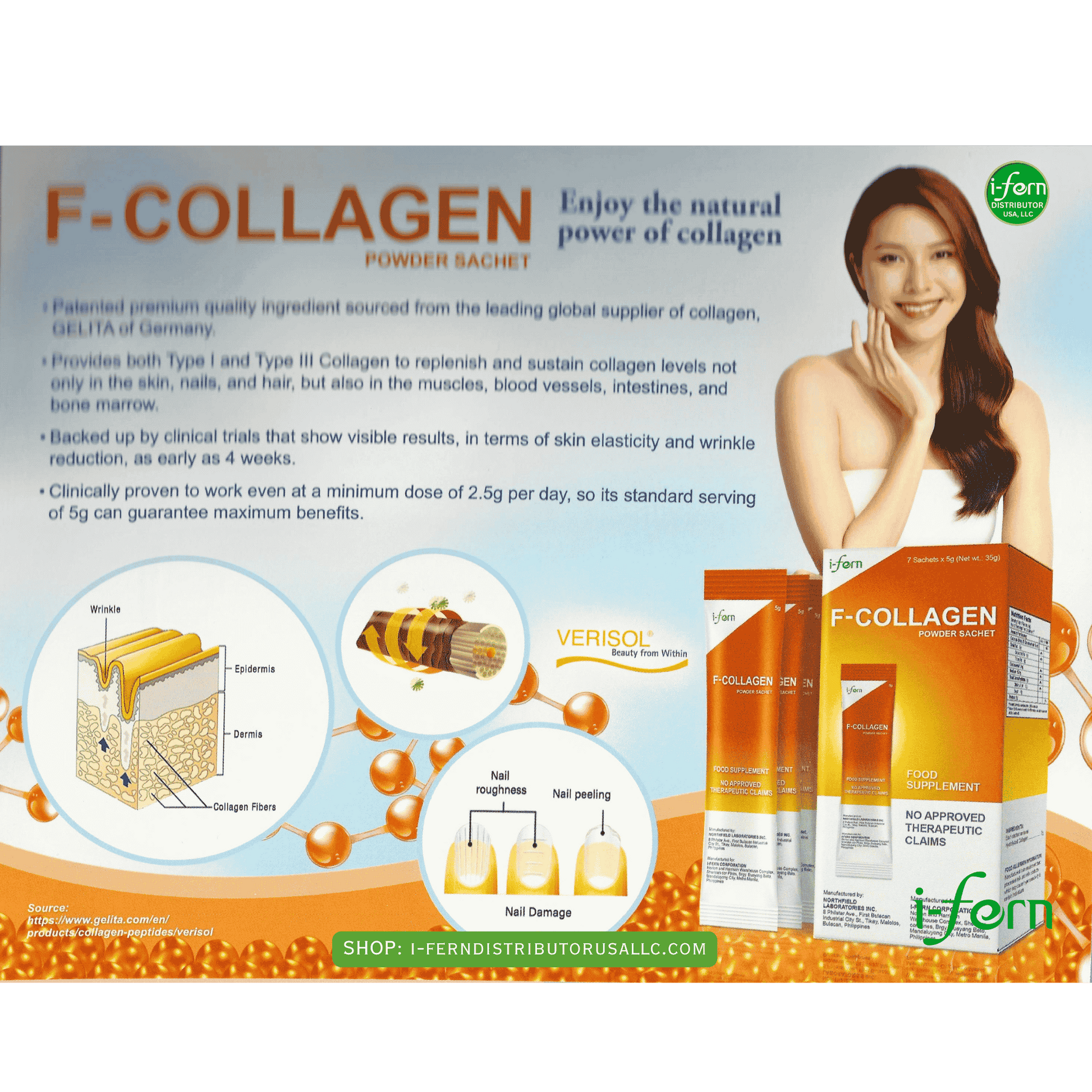 Advertisement for F-Collagen powder sachet with a woman and product packaging sold online i-ferndistributorusallc.com
