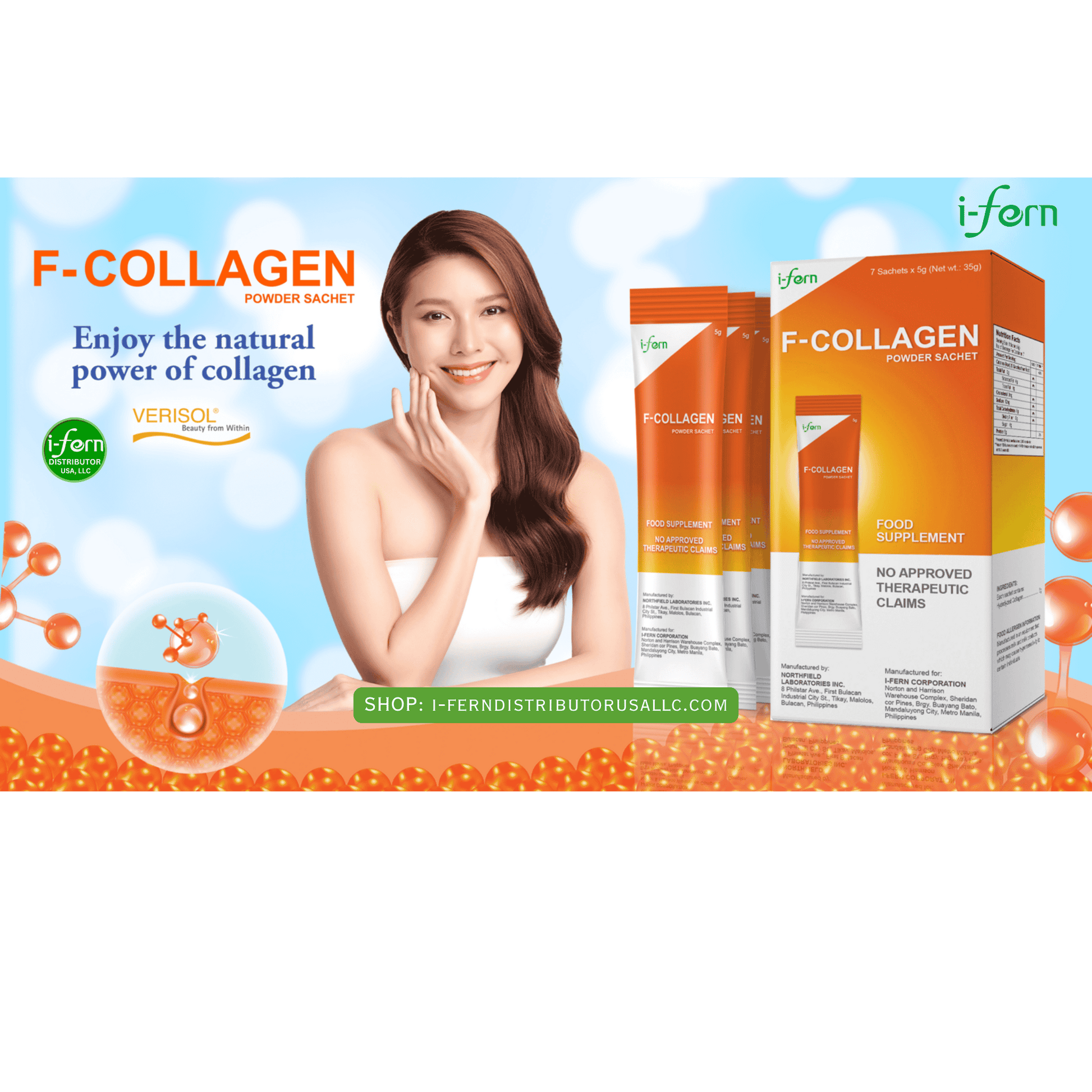 F-Collagen product packaging with a woman and branded elements on a green background sold online i-ferndistributorusallc.com
