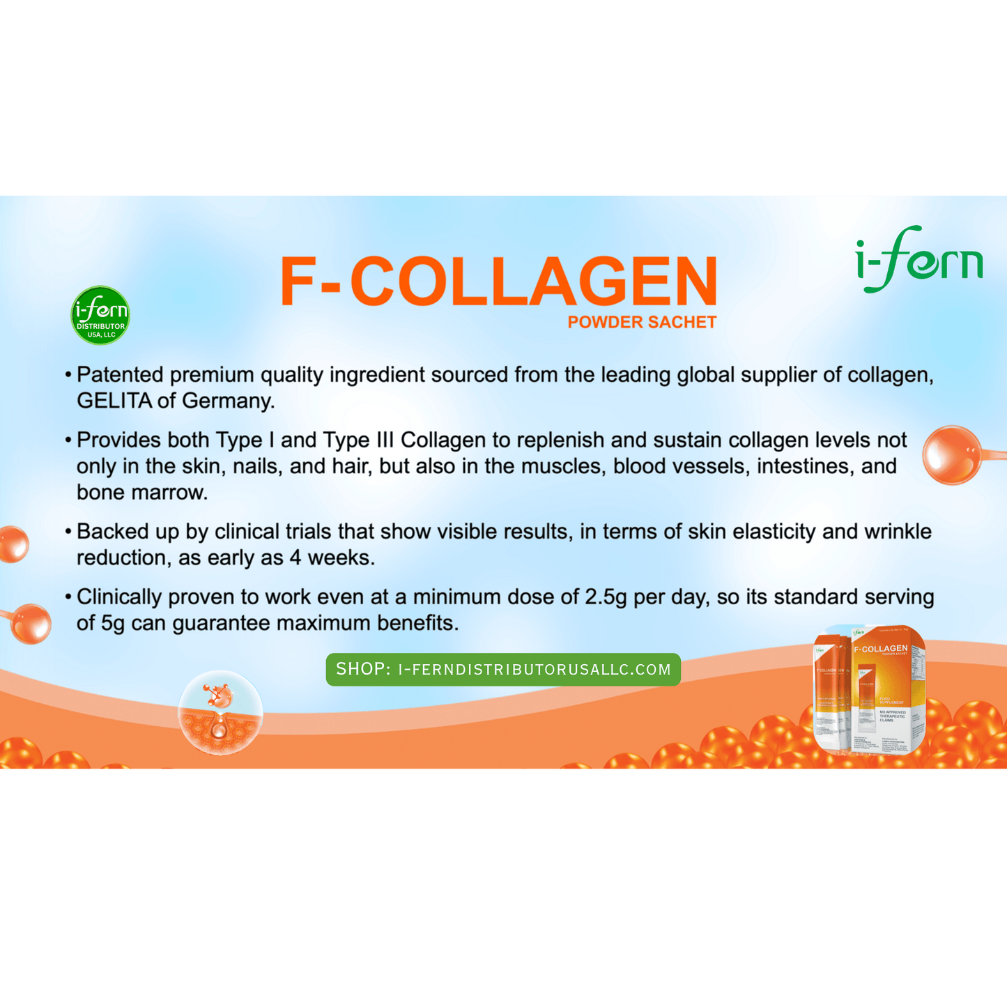 Advertisement for F-Collagen powder sachets with product packaging and branding details sold online i-ferndistributorusallc.com