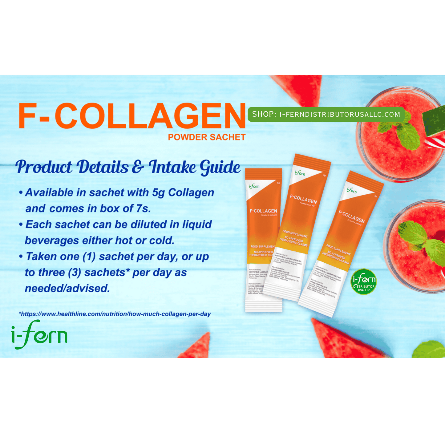 F-Collagen powder sachets with watermelon drinks on a blue background sold online i-ferndistributorusallc.com