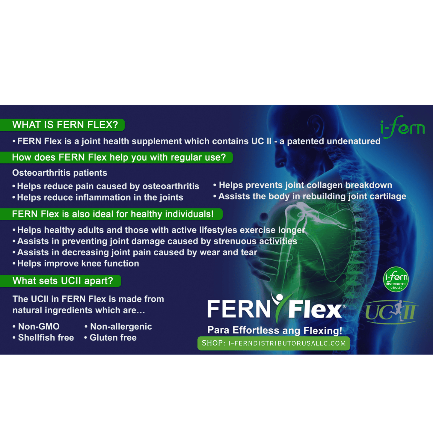 Advertisement for Fern Flex joint supplement with a blue and green color scheme sold online i-ferndistributorusallc.com