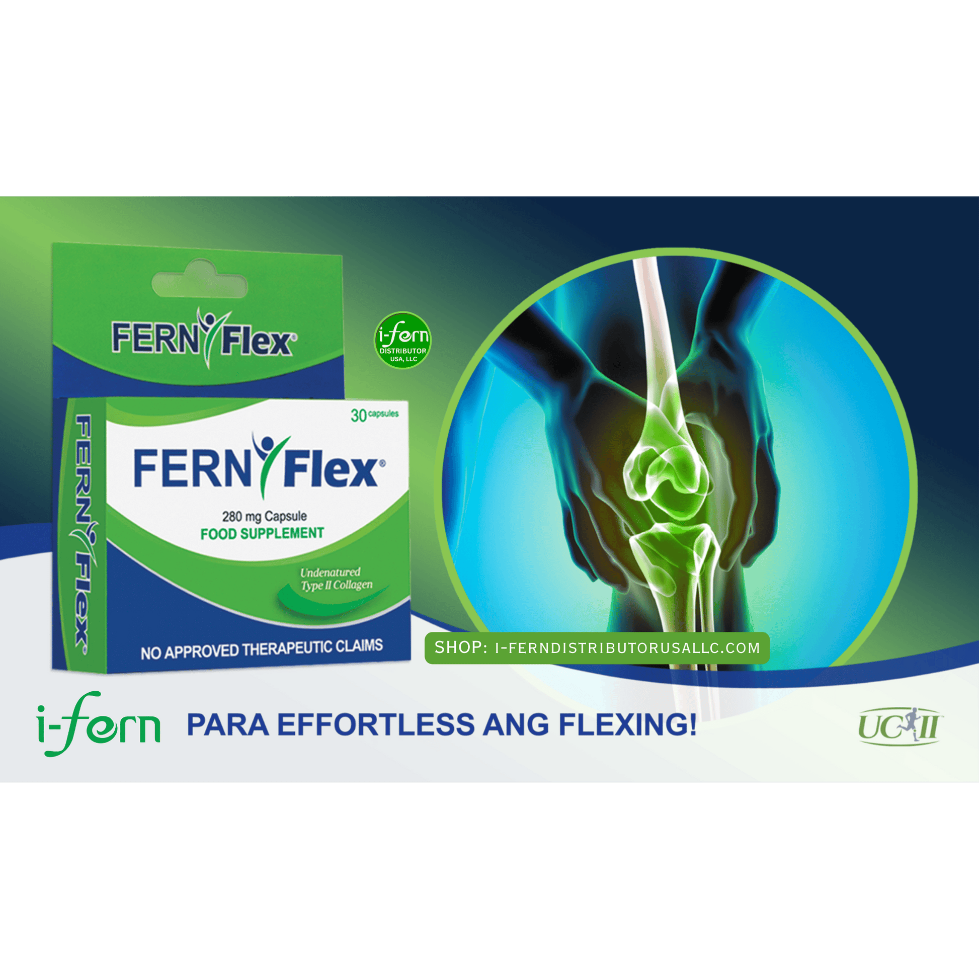 FERN Flex supplement packaging with a focus on a knee illustration on a green and blue background sold online i-ferndistributorusallc.com