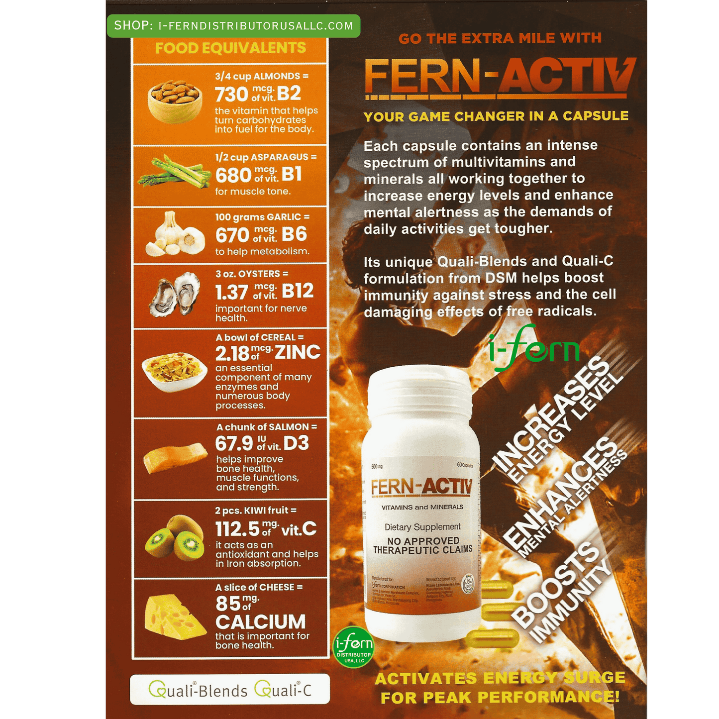 Fern-Activ supplement advertisement with nutritional information and product display sold online i-ferndistributorusallc.com