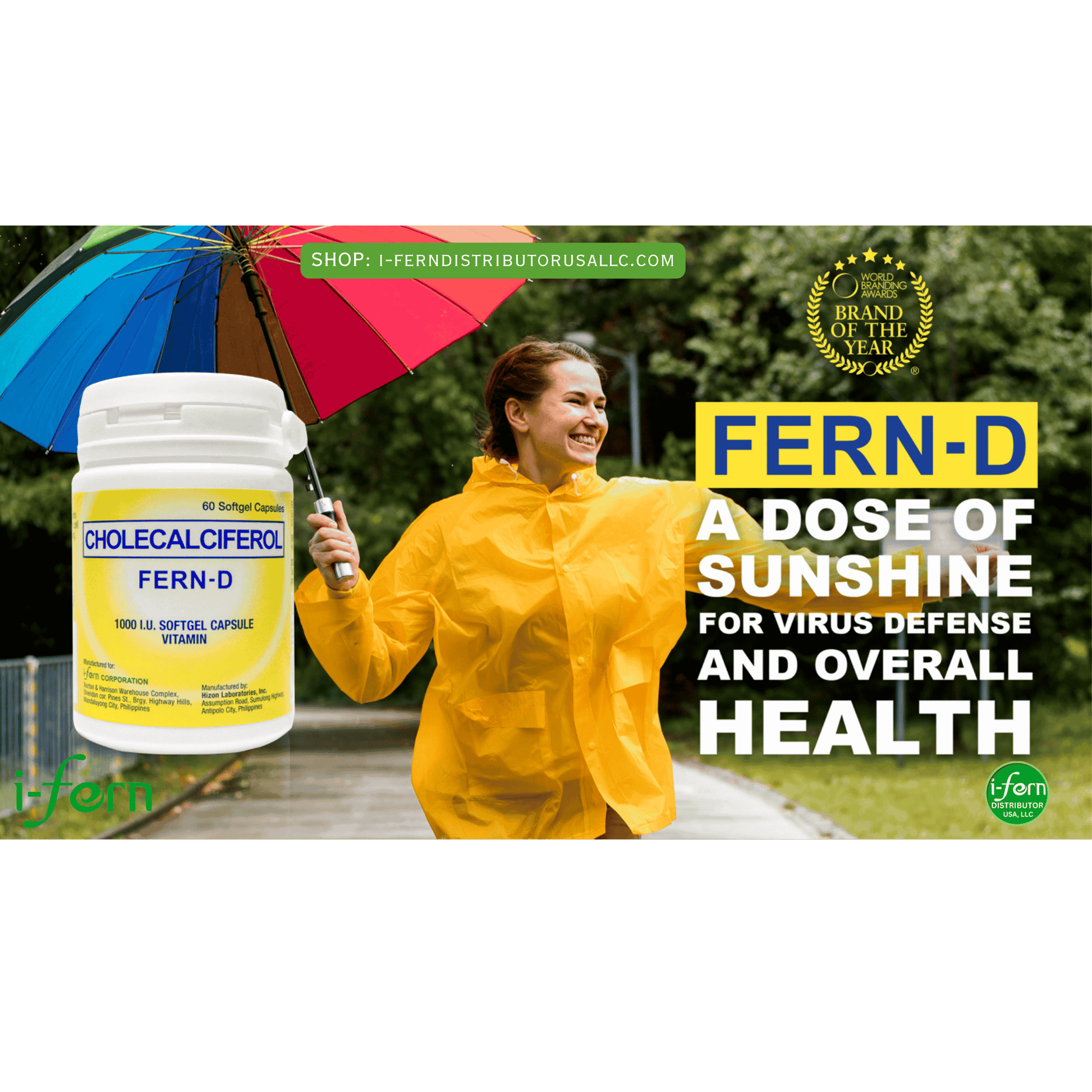 Person in yellow raincoat holding a colorful umbrella with a bottle of Fern-D supplement in the foreground buy online i-ferndistributorusallc.com