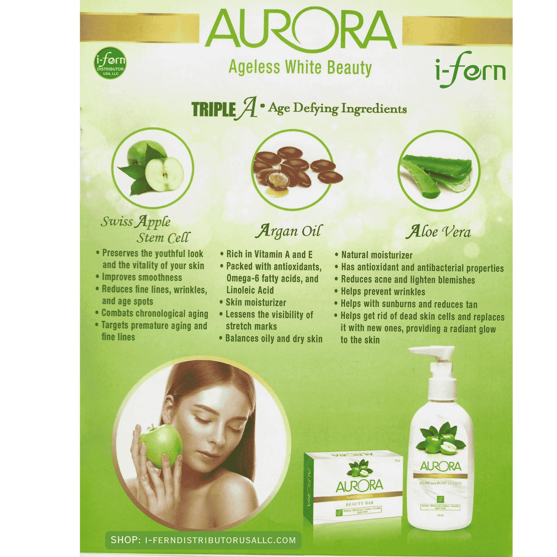 Aurora skincare product packaging with ingredients and benefits on a green background buy online i-ferndistributorusallc.com