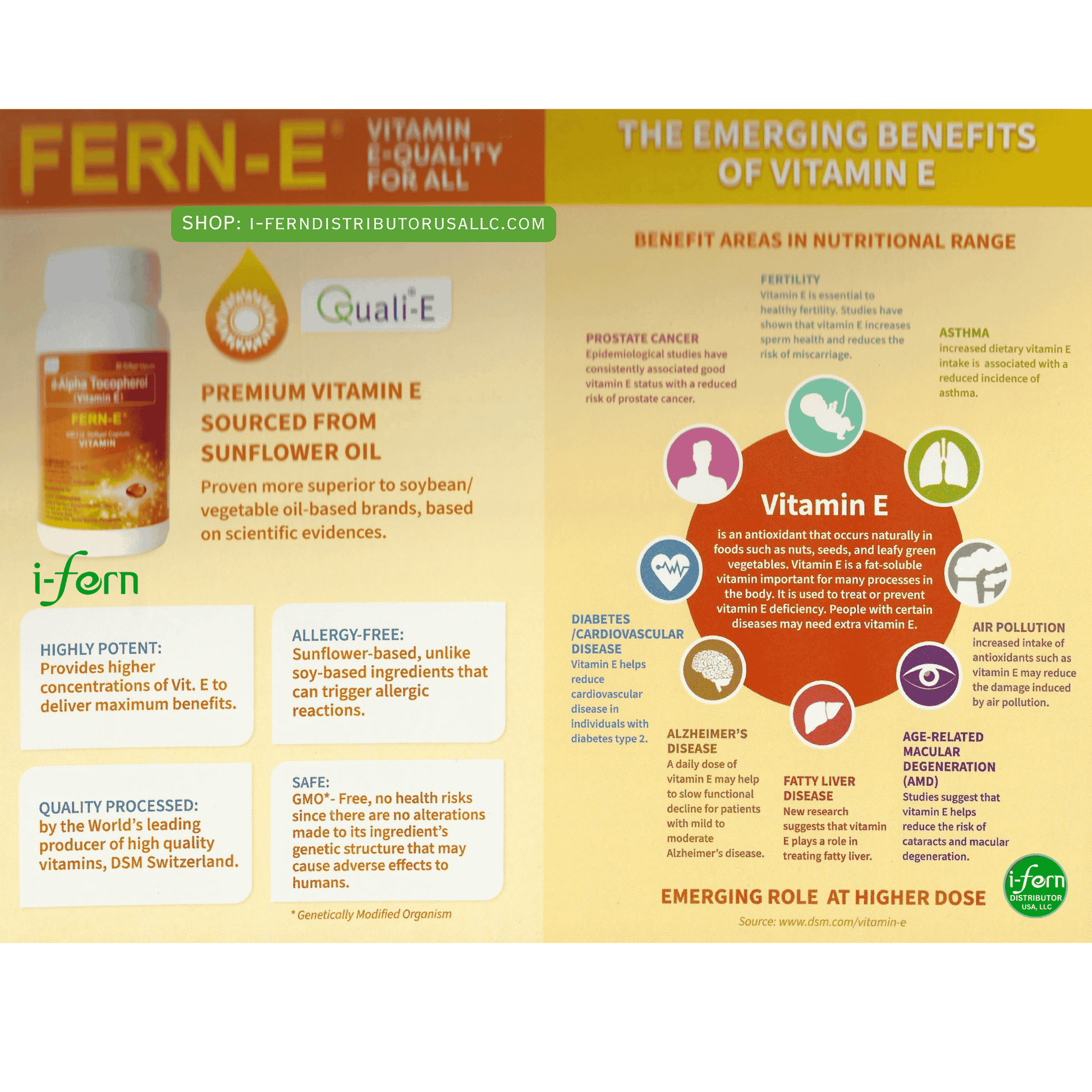 Fern-E vitamin E supplement advertisement with benefits and product details buy online i-ferndistributorusallc.com