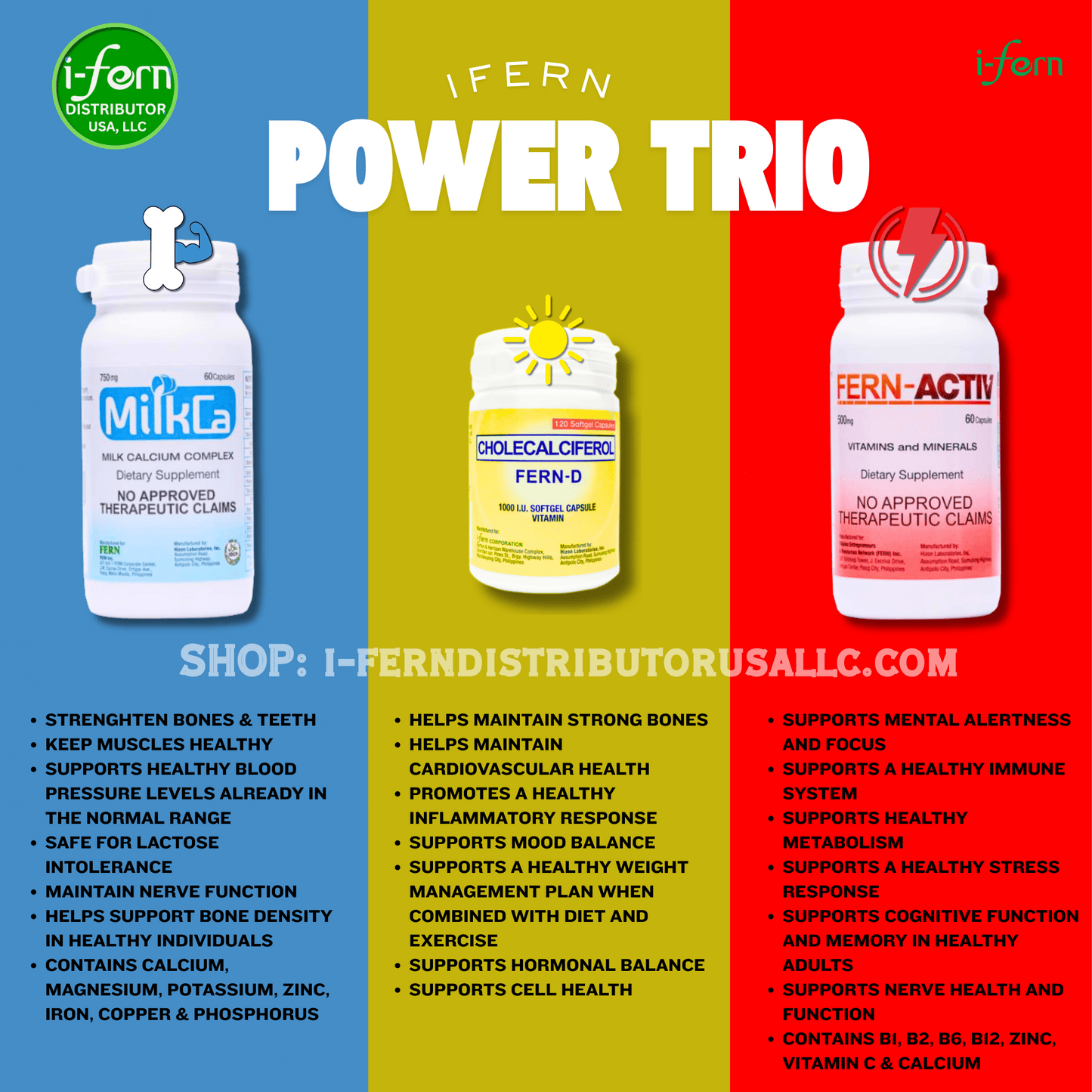Three supplement bottles labeled 'MilkCa', 'Fern-D', and 'Fern-Activ' on a colorful background with promotional text. Buy online at i-ferndistributorusallc.com I-fern Power Trio