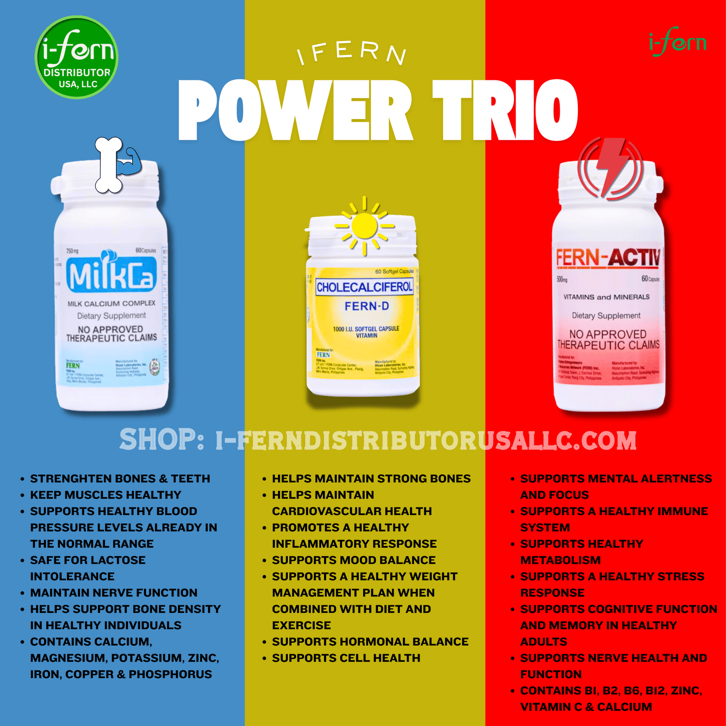 Three supplement bottles labeled 'MilkCa', 'Fern D', and 'Fern Activ' on a colorful background with I-Fern branding. Buy online at i-ferndistributorusallc.com I-fern Power Trio