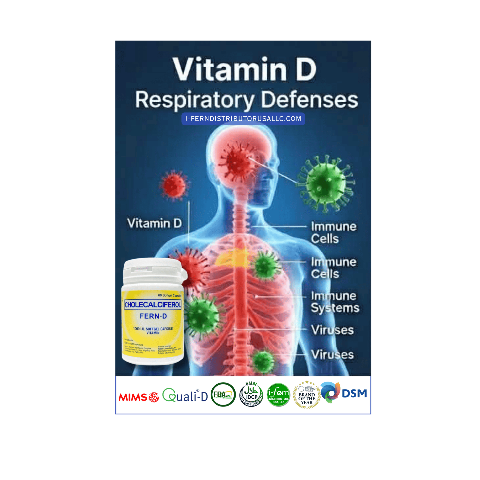 Vitamin D FERN-D  supplement advertisement with a human figure and immune system diagram on a green background.