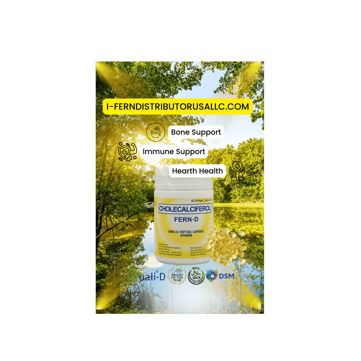 Supplement bottle with 'FERN-D' label against a nature background