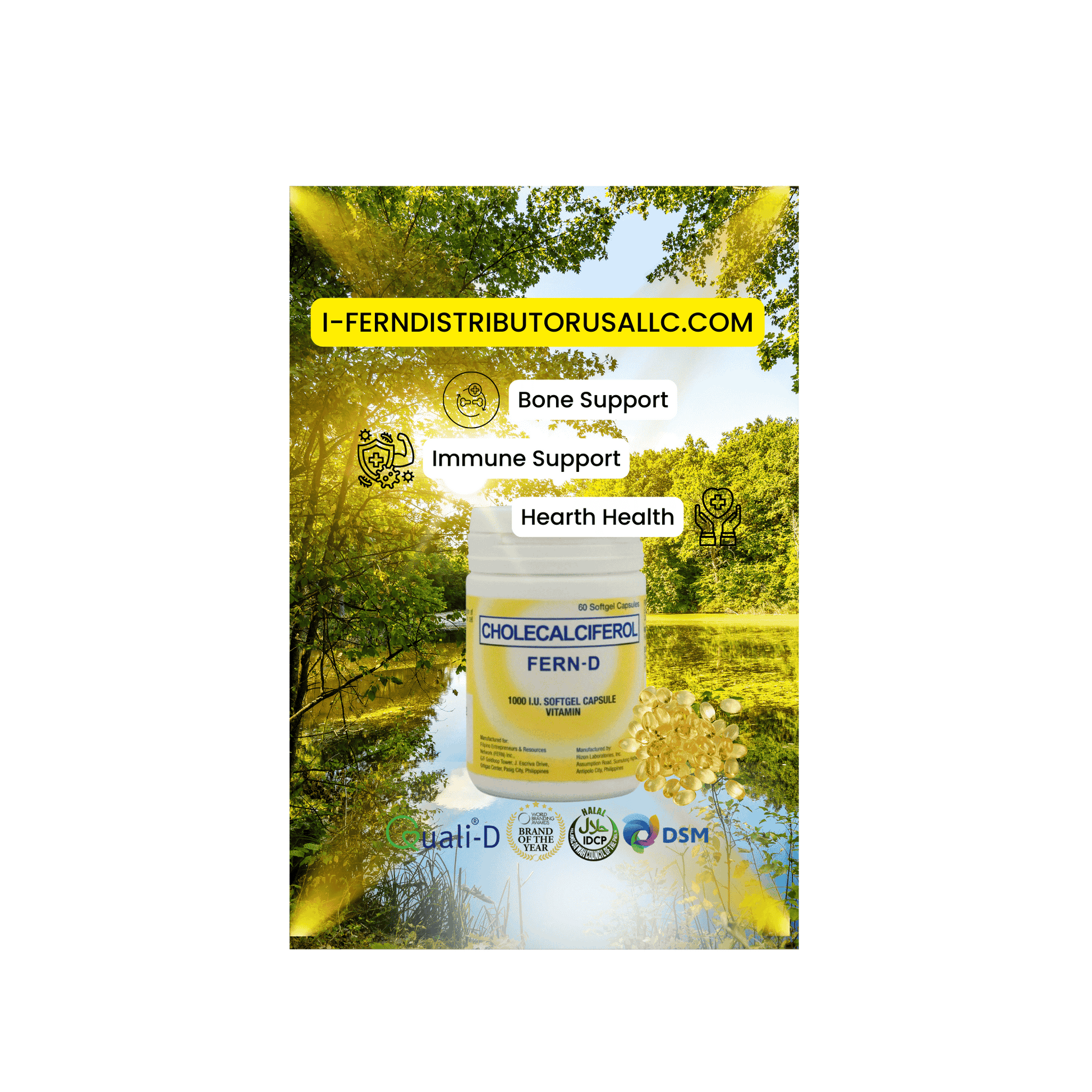 Supplement bottle with 'FERN-D' label against a nature background