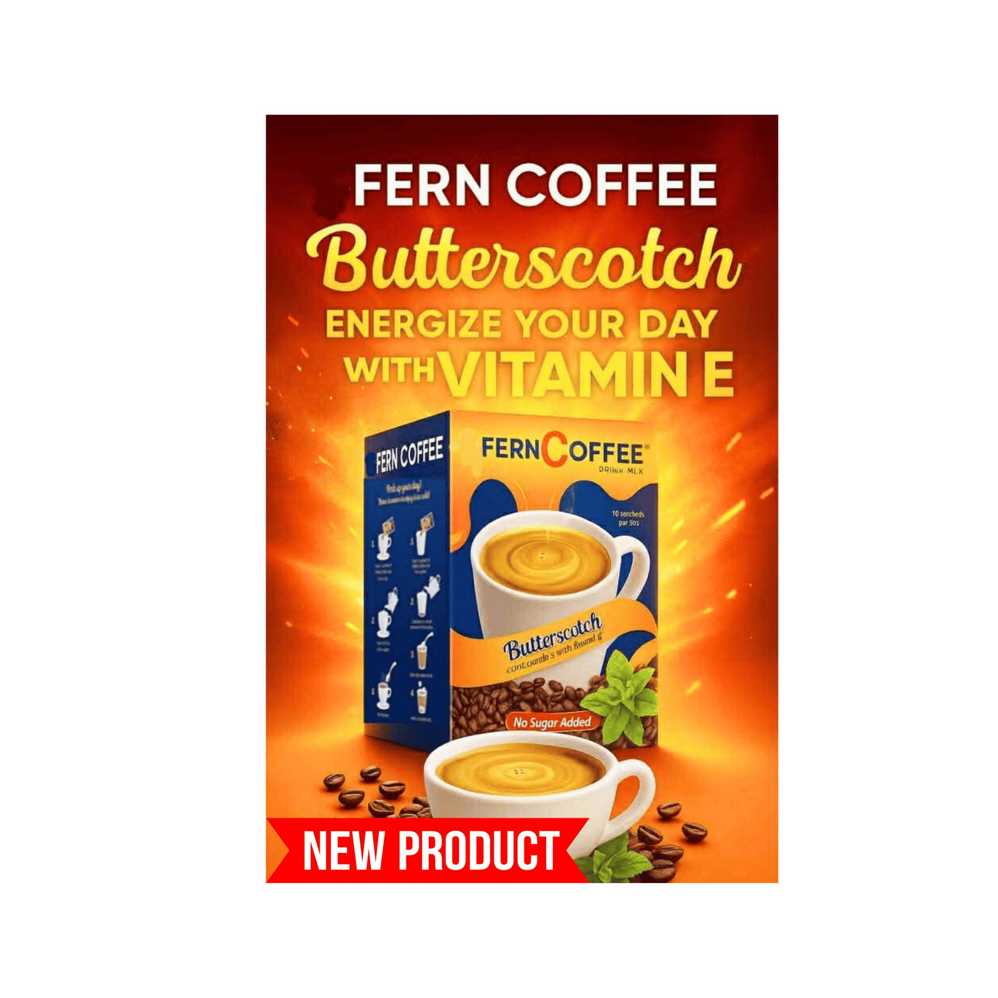 Cozy hot butterscotch coffee made from FERN-COFFEE instant mix with antioxidant Vitamin E and zero-calorie Stevia sweetener