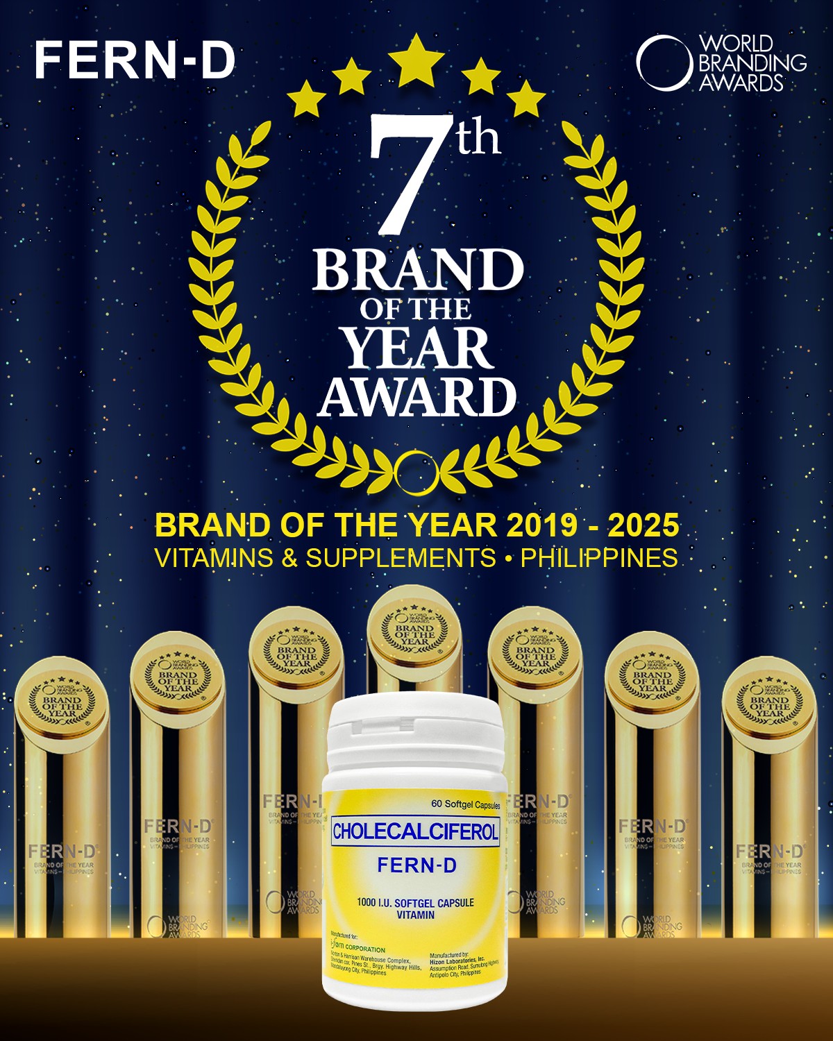 FERN-D Cholecalciferol supplement with awards and 'Brand of the Year' text on a blue background
