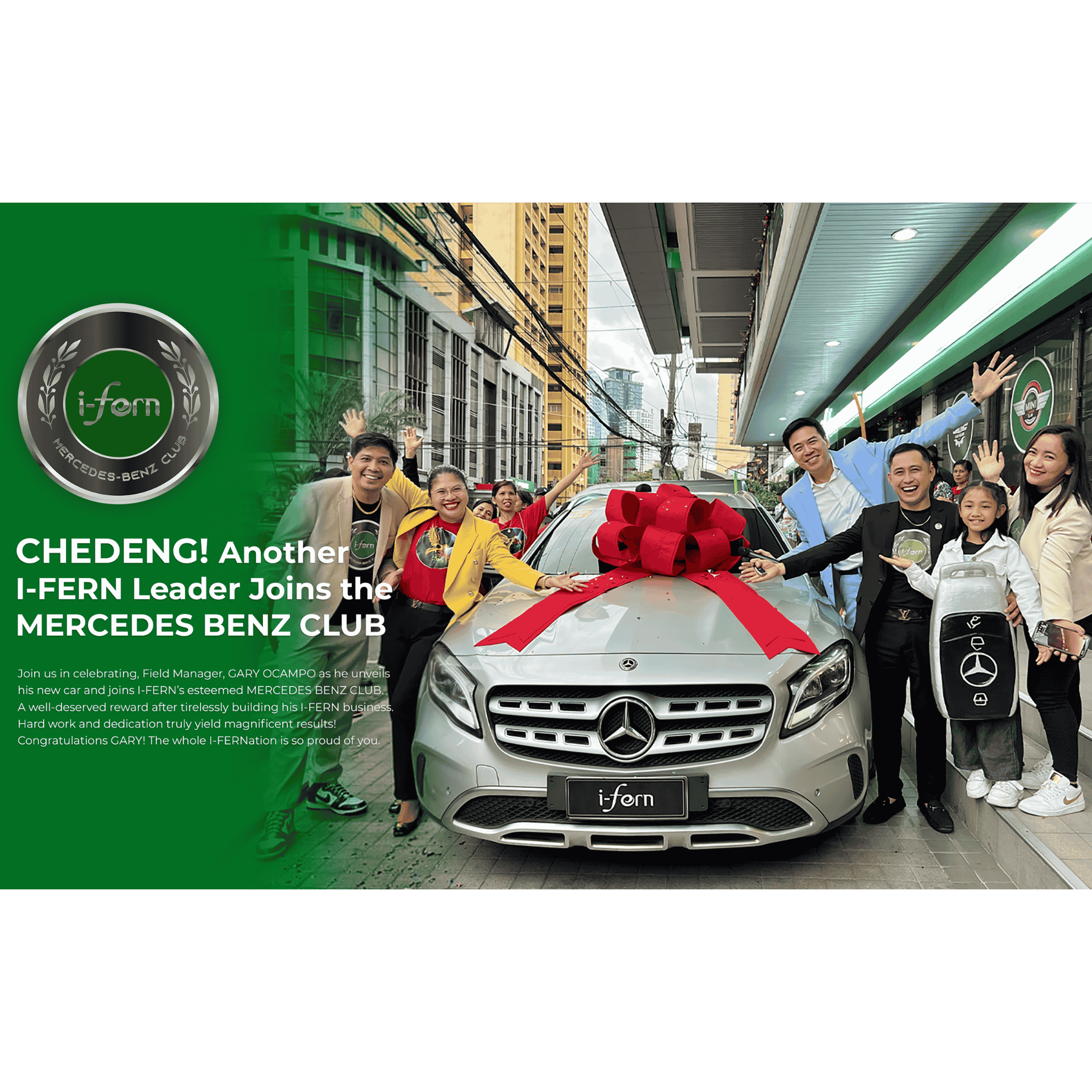 Group of people celebrating with a i-fern Mercedes-Benz car decorated with a red bow, set against an urban background contact i-ferndistristributorusallc.com