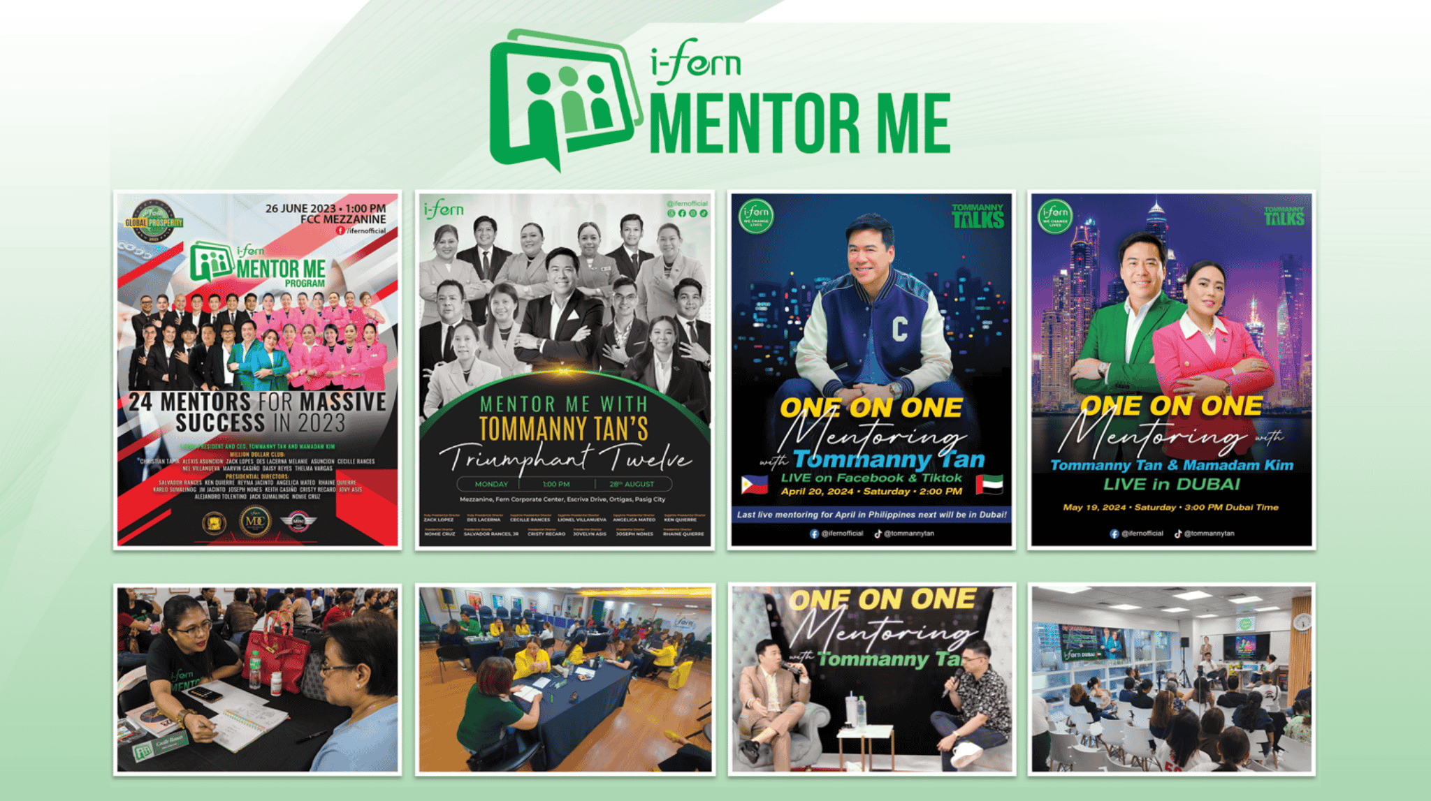 Promotional materials for 'i-fern Mentor Me' with images of people and text on a green background contact i-ferndistributorusallc.com