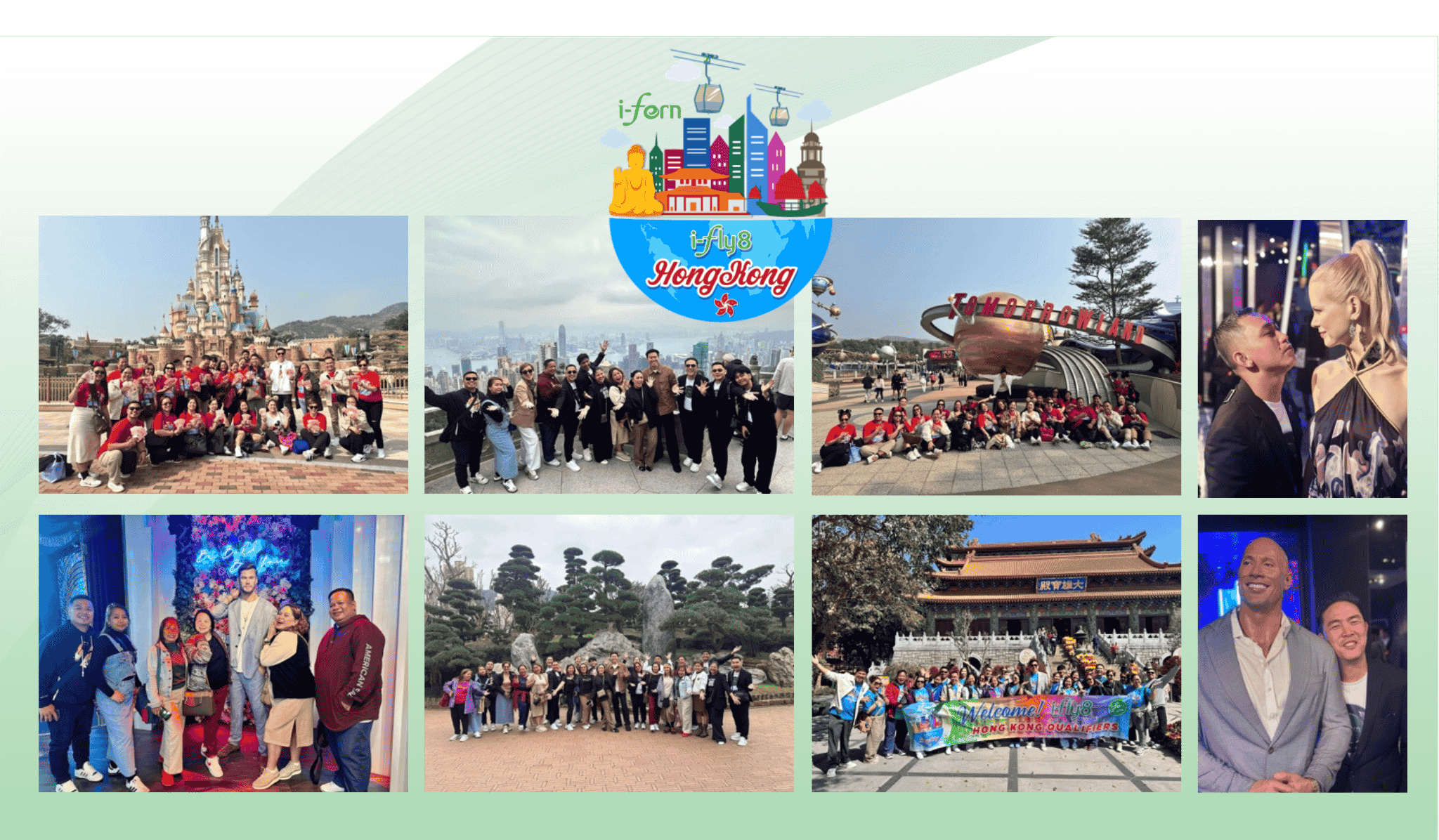 Collage of i-fern group photos with a Hong Kong travel poster in the center contact i-ferndistributorusallc.com