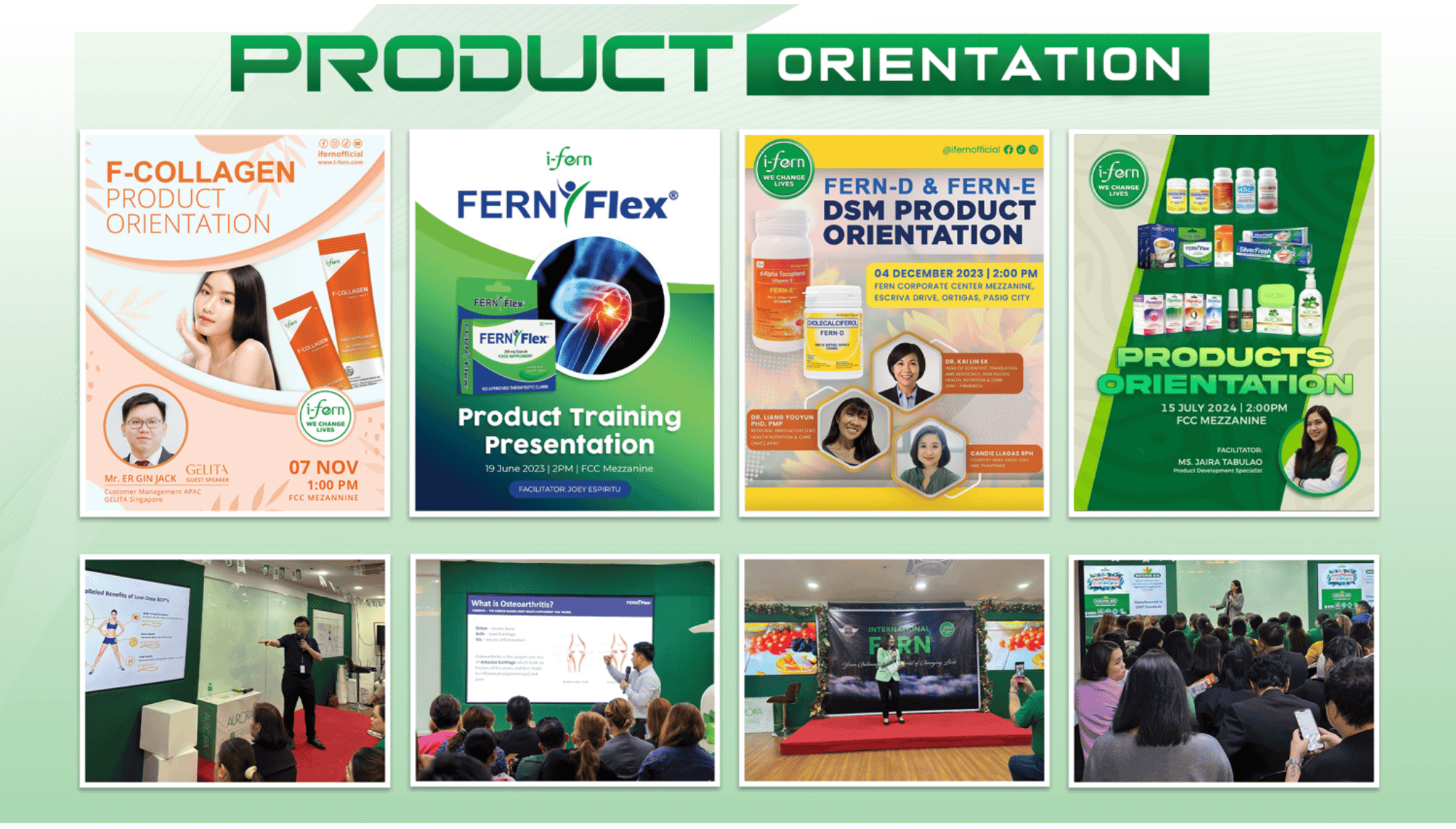Collection of i-fern product orientation presentations and training sessions on a green background contact i-ferndistributorusallc.com