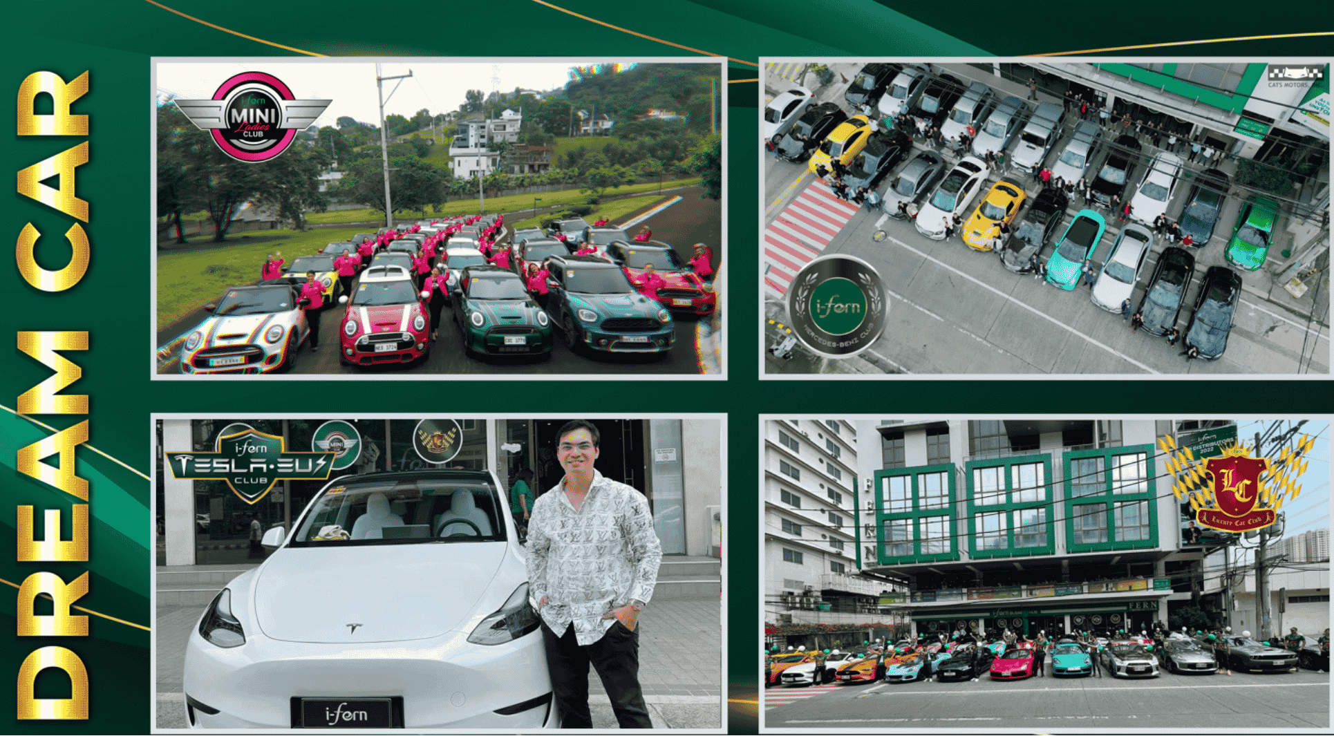 Collage of images related to a car dealership with text 'Dream Car i-fern Reward Points Program' contact i-ferndistristributorusallc.com