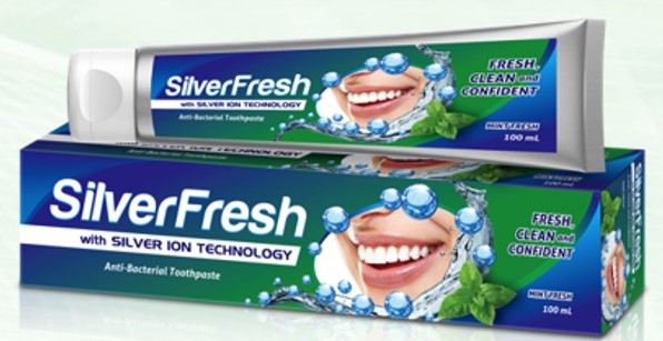 Silver Fresh toothpaste on the box with blue label