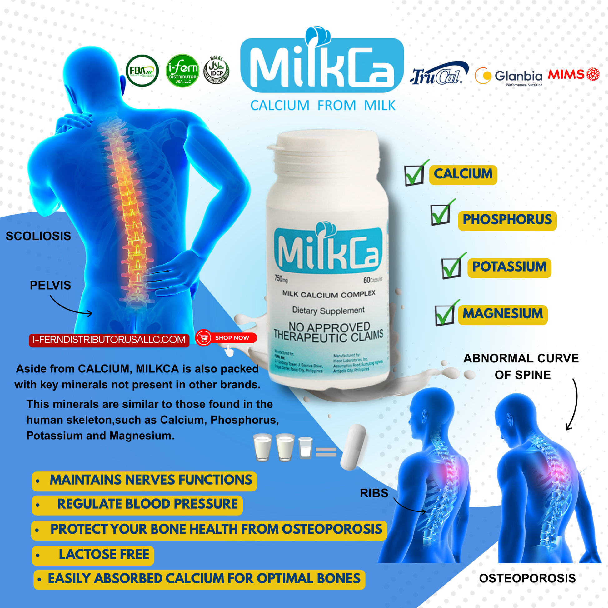 MilkCa supplement bottle with health benefits and body illustration on a blue background