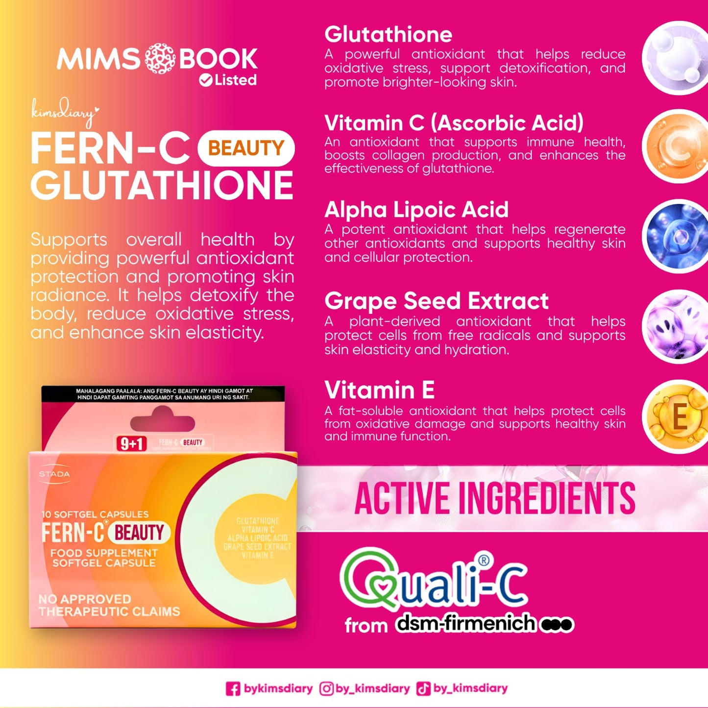 Fern-C Beauty Glutathione supplement packaging with active ingredients listed on a pink Shop online at iferndistributorusallcbackground.